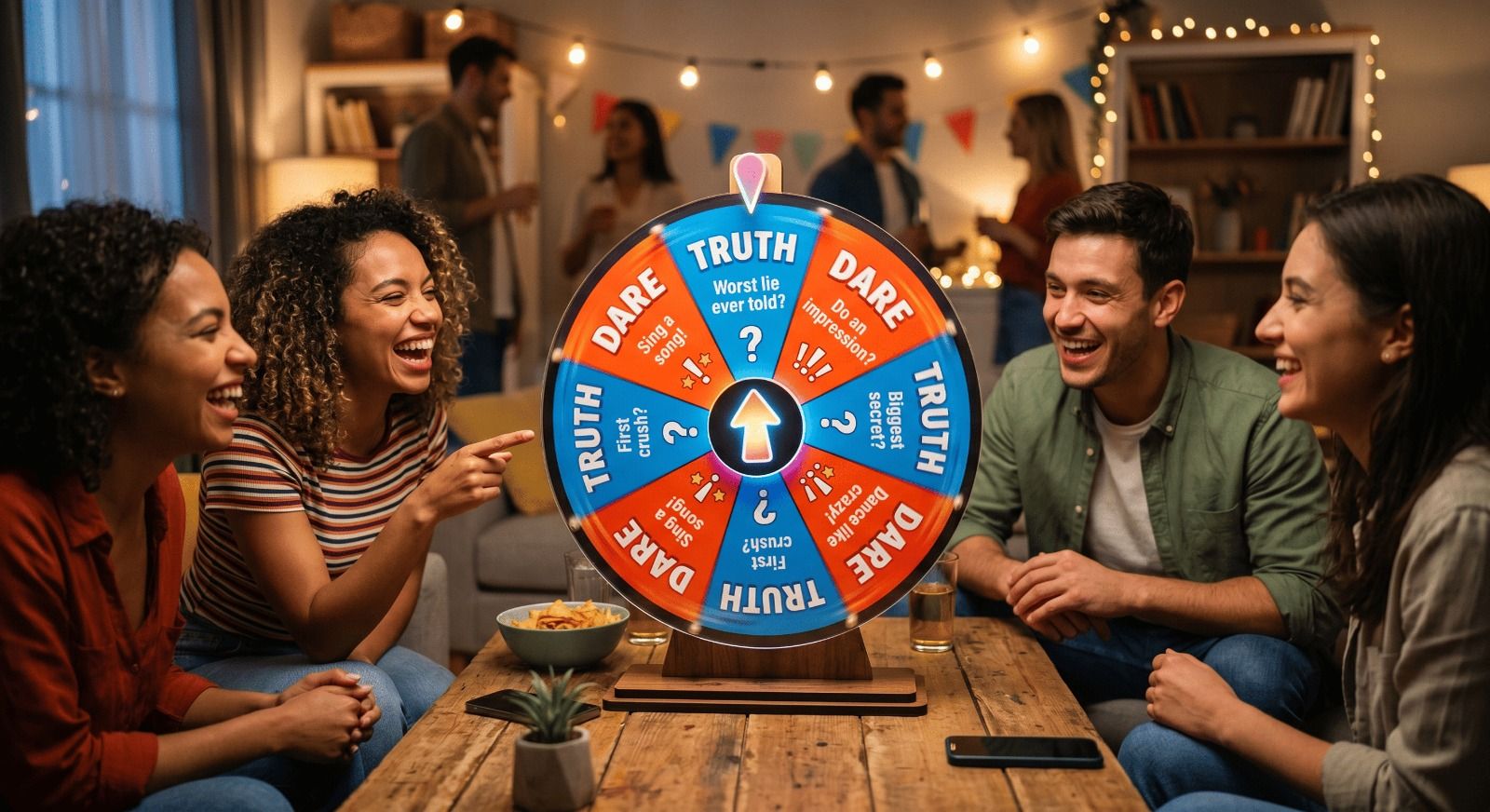 Four friends laughing and playing a "Truth or Dare" game with a spinning wheel at a party.